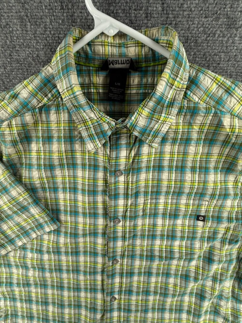 Marmot Plaid Green Blue Short Sleeve Button Up Hiking Large Nylon Polyester